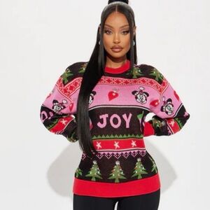 Disney Minnie Mouse Holiday 'JOY' Sweater - Pink, Black, Red, Green
